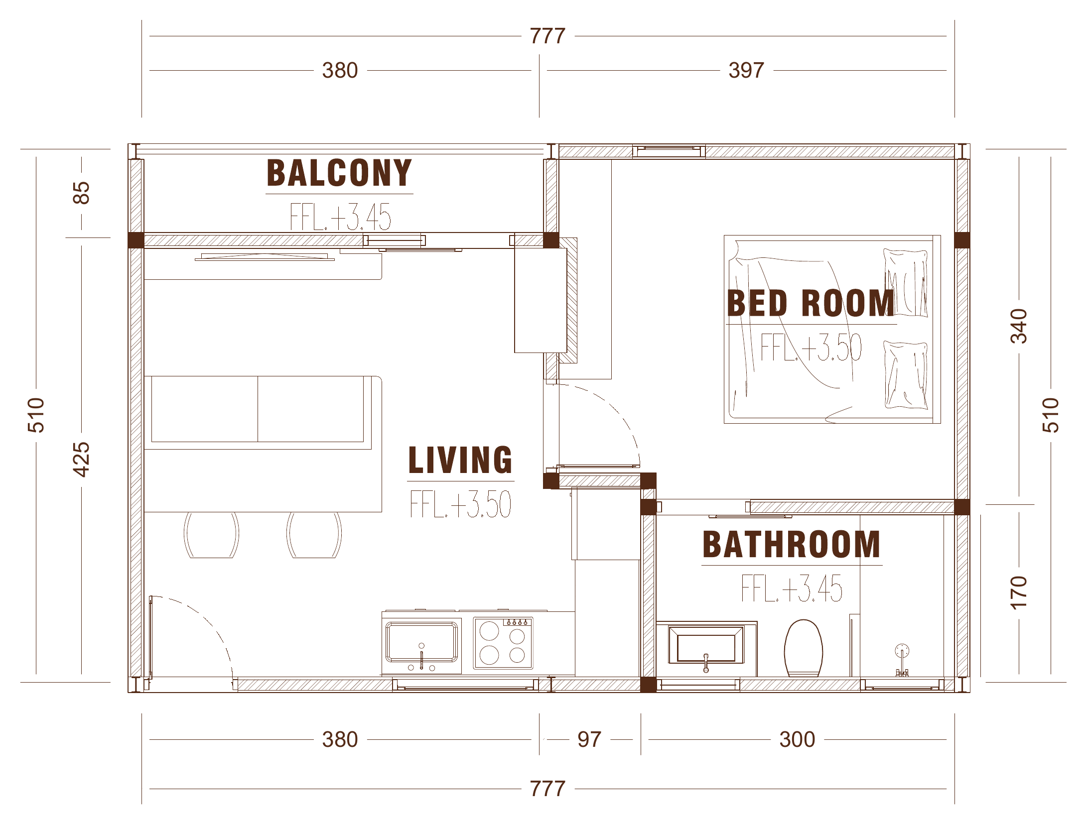 Floor plan of an upper floor apartment, with balcony