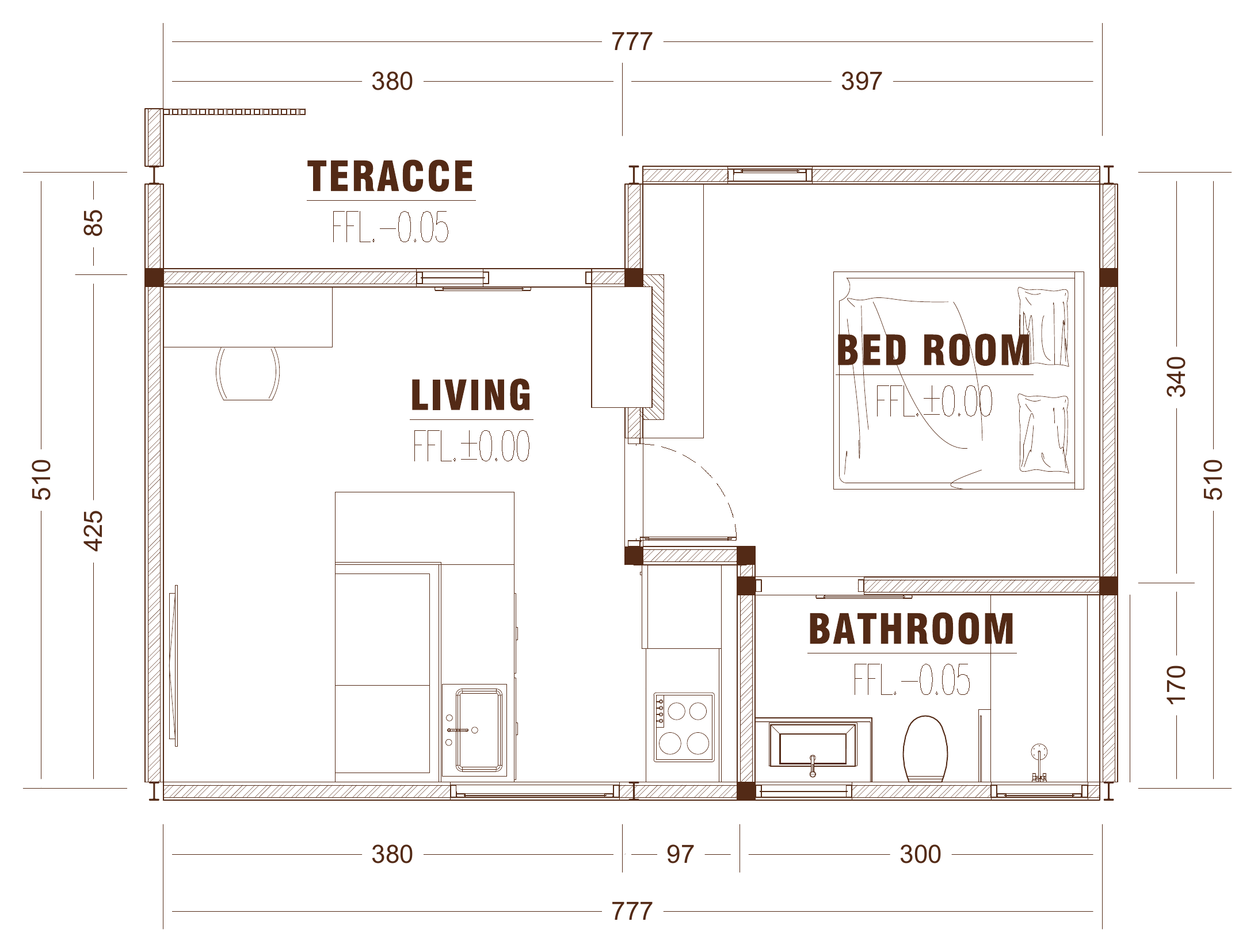 Floor plan of a ground floor apartment, with terrace